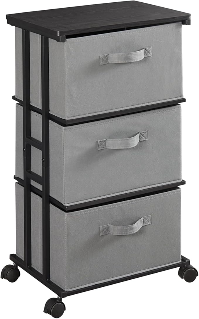 MAX Houser Dresser Tower with 3 Drawers, Grey | Fabric Storage Organizer Unit, Chest of Drawers with with WoodTop, Small Vertical Storage for Guest Room, Closet, Entryway