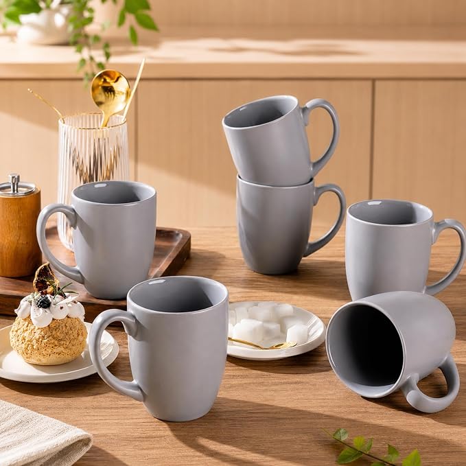 AmorArc 12 oz Coffee Mugs Set of 6, Ceramic coffee mugs with large handle for Men Women, Coffee Mugs for Coffee,Tea,Latte,Cocoa. Easy to Hold&Clean, Dishwasher&Microwave Safe, Matte Grey