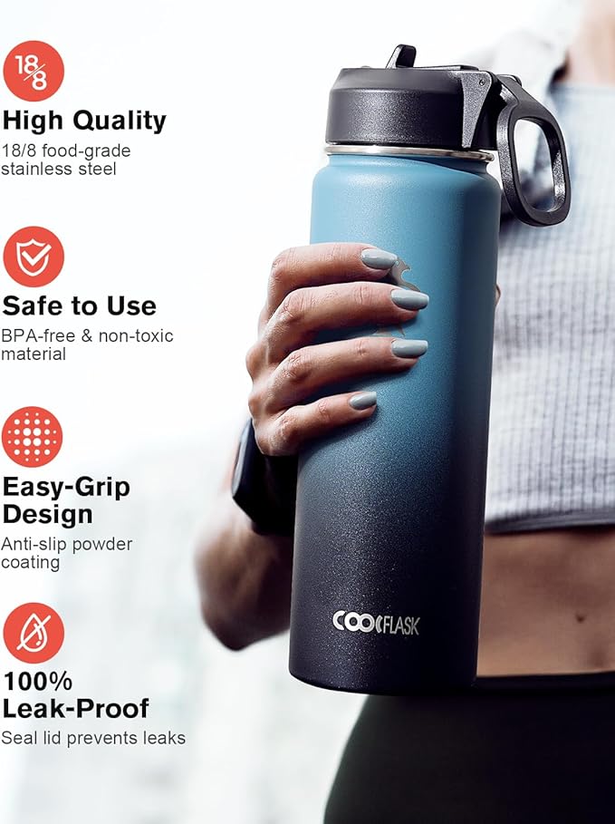 Coolflask Water Bottle 24 oz Insulated with Straw, Stainless Steel Metal 3 Lids Water Flask Wide Mouth for Sports or Office, Non-BPA Keep Cold Up to 48 Hrs or Hot Up to 24 Hrs, Samurai Cyan