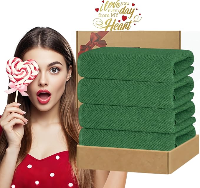 VOOVA & MOVAS Bath Towels 4PC, 100% Cotton, 30x56 in, Hunter Green | Quick Dry, Thick, Soft, Absorbent, Luxury Towel Gift Set, Suitable For Birthday, Housewarming, Holiday Present