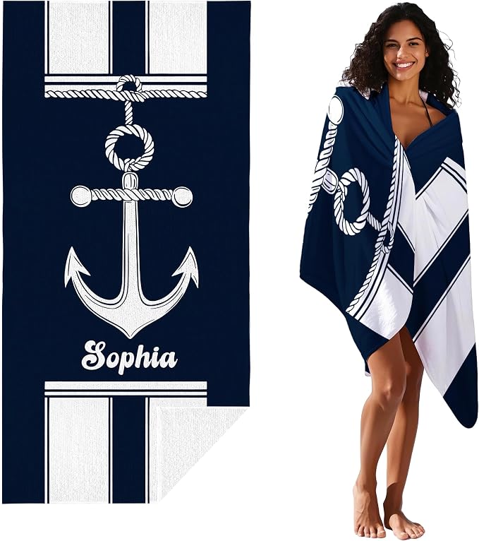 JML Personalized Beach Towel with Name, Custom Anchor Beach Towel, Customized Microfiber Pool Towel, Quick Dry & Absorbent Swim Towel for Adult,Anniversary, Birthday, Summer Holiday,Vacation
