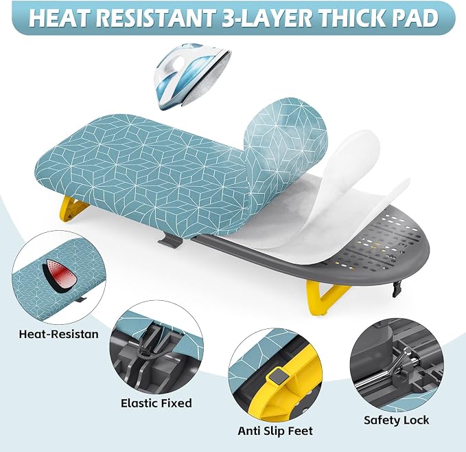 Foldable Small Ironing Board Tabletop, Mini Iron Board Small, Table top mini Ironing Boards Small with Cover pad, Compact Portable Travel Iron and Ironing Boards Set, 12 * 32 Cadet Blue (with Holder)