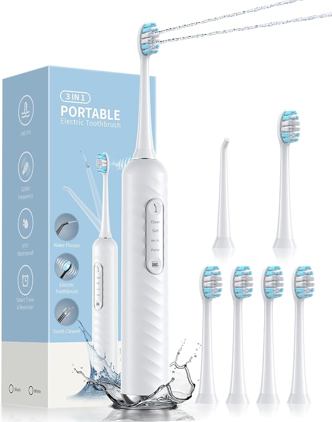 Electric Toothbrush with Water Flosser - 2 in 1 Teeth Cleaning Kit, Electric Toothbrush and flosser Combo with 3 Cleaning Modes, Portable Water flosser Design for Home & Travel (White)