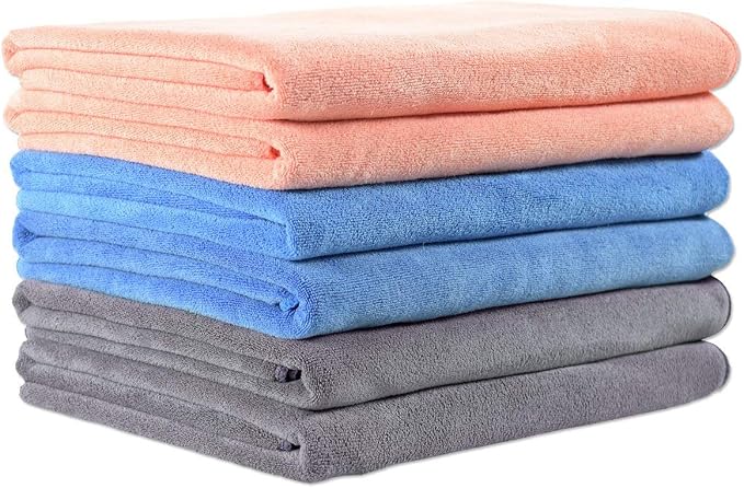 JML Microfiber Bath Towel Set, 6 Pack, 27" x 55", Peach/Grey/Blue | Hanging Loop, Extra Absorbent, Fast Drying, Lint-free, Use for Pool, Swimming, Fitness, Sports, Yoga