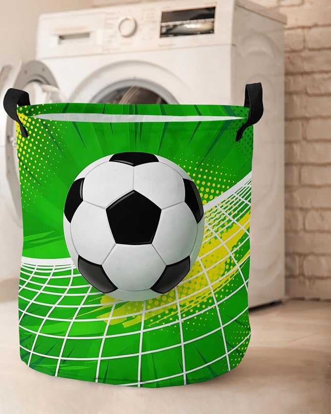 Collapsible Laundry Basket 60L, Green Football Storage Bin Laundry Hamper with Handles, Soccer Ball Goal Net Vibrant Waterproof Clothes Baskets for Bathroom/Bedroom 16.5 x 17 In