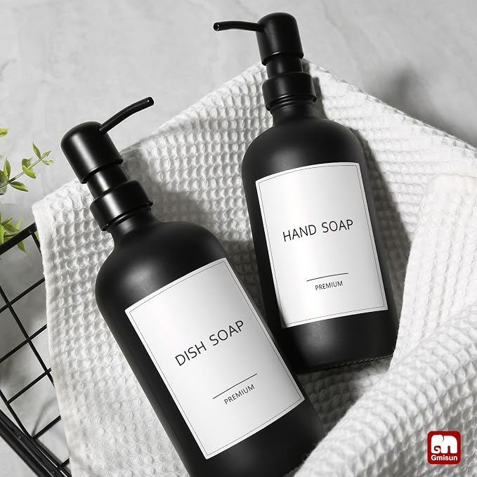 GMISUN Black Soap Dispenser, 2 Pack Matte Black Hand Soap Dispensers for Bathroom, 17 Fl Oz Glass Dish Soap Dispensers for Kitchen with Stainless Steel Pump, Modern Liquid Soap Bottle