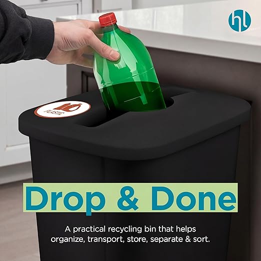 Home Logic Recycling Bin System, 3 Pack Waste Sorting Containers with Stickers, Plastic Trash Cans for Kitchen Garage Home Recycling Organization, 13 Gallon, Black
