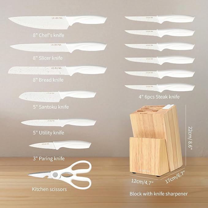 15 Piece Knife Set，Kitchen Knife Block Set，White stainless steel knife set with sharpener for Chopping, Slicing, Dicing & Cutting，Dishwasher safe