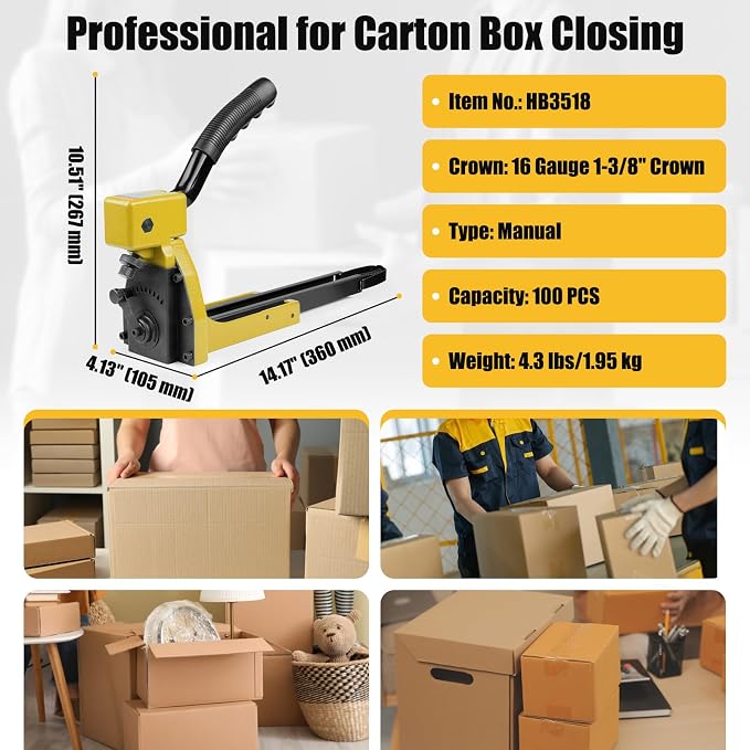 HB3518 Manual Carton Closing Stapler 16 Gauge 1-3/8" Crown | 3/4" Length Carton Staples, Carton Stapler, Corrugated Carton Staple Gun for Closing Cartons Folding Boxes