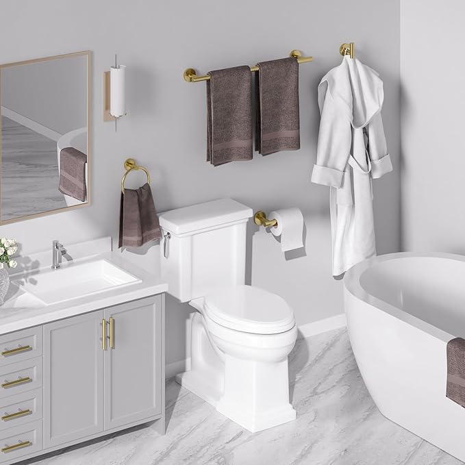 USHOWER Brushed Gold Bathroom Accessories Set, 24-Inch Towel Bar Set Wall Mounted, Durable SUS304 Stainless Steel Bathroom Hardware Set, 8-Piece