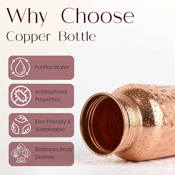 Copper Water Bottle 34 Oz A Hammered Ayurvedic Pure Copper Vessel with Carrying Bag, Straw, Cleaning Brushes Drink More Water, Lower Your Sugar Intake And Enjoy The Health Benefits Immediately