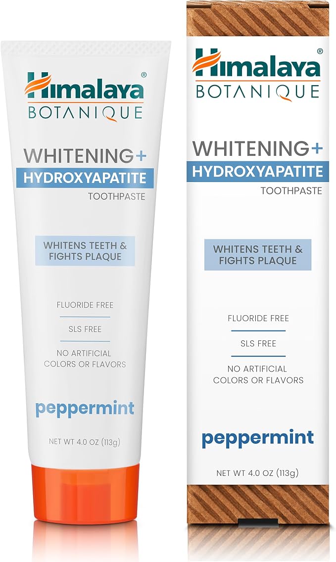 Himalaya Botanique Whitening+ Hydroxyapatite Toothpaste, Peppermint, 4 oz | Nano Hydroxyapatite Toothpaste, Support Enamel Strength & Integrity,Great for Sensitive Teeth, Fluoride Free,SLS Free & Vegan