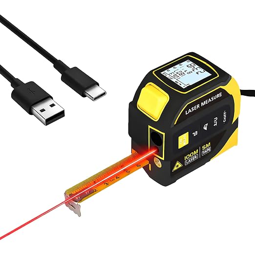 4-in-1 Digital Laser Tape Measure, 16FT Tape, 328FT Distance Meter | 33FT cross-line laser for room measurements, furniture layout, doorway clearance, picture hanging and shelf installation.