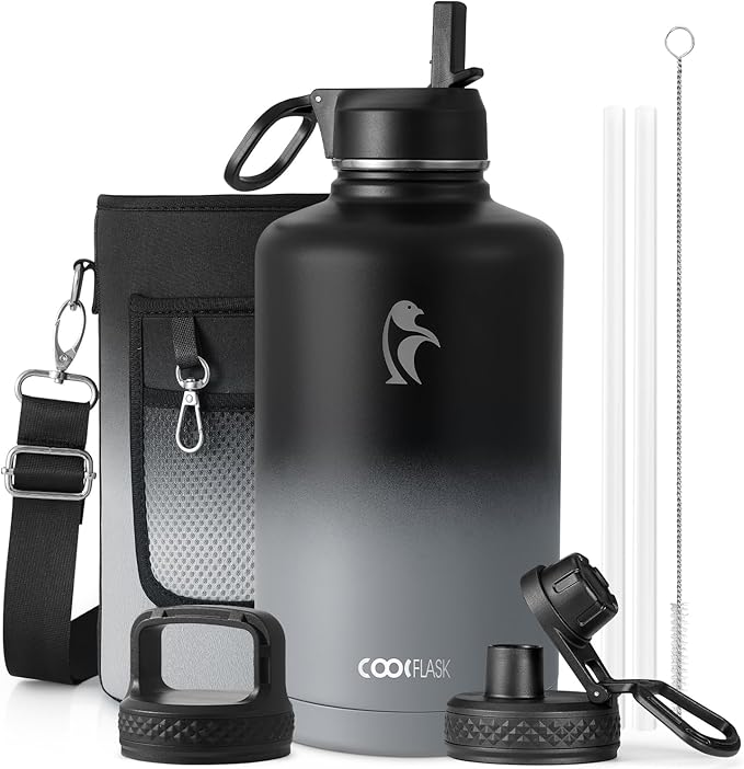 Coolflask Water Bottle 87 oz with Straw, 2/3 Gallon Insulated Stainless Steel 3 Lids Large Water Jug Wide Mouth for Sports or Office, Non-BPA Keep Cold Up to 48 Hrs or Hot Up to 24 Hrs, Piano Night