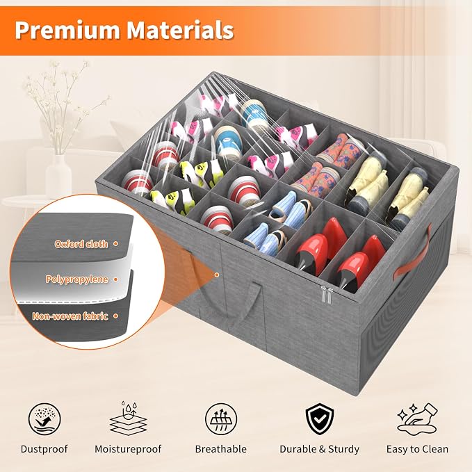 Aokeyee 2 Pack Shoe Organizer for Closet, Large Shoe Storage Box, Grey | Fits up to 48 Pairs, Stackable, Space Saving, Foldable, Shoes Organizer Bin with Clear Cover, 4 Reinforced Handles