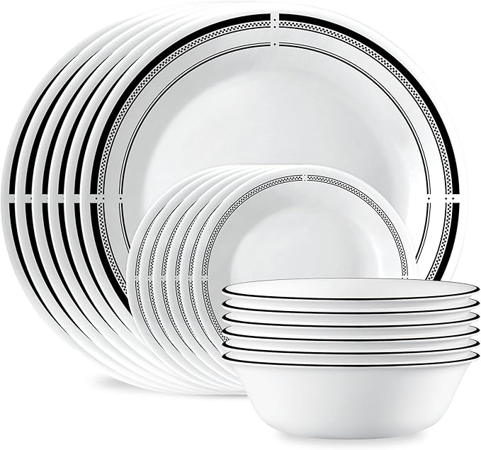 Corelle 18-Piece Round Dinnerware Set Service for 6, Lightweight Round Plates and Bowls Set, Vitrelle Triple Layer Glass, Chip and Scratch Resistant, Microwave and Dishwasher Safe, Brasserie