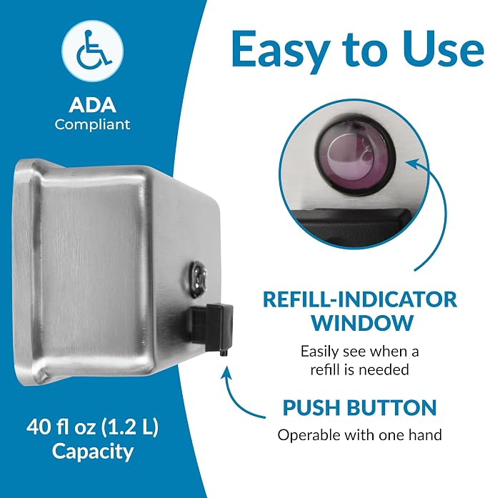 Bobrick Surface-Mounted Soap Dispenser - Satin-Finish Stainless Steel, 40-fl oz Capacity, Manual Liquid Soap Dispenser with Low Soap Indicator, Top Fill, Vandal-Resistant, Wall-Mounted Design (B-2112)