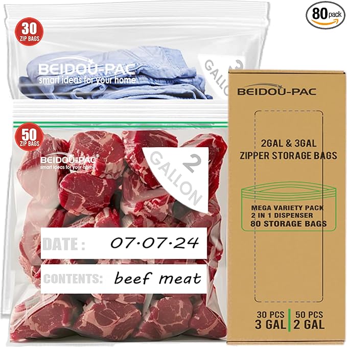 BEIDOU-PAC 80 Count Combo Large Storage Zip Bags, 2 Gallon & 3 Gallon Resealable Variety Pack With Organizer, Reclosable Clear Assorted Size Plastic Bags