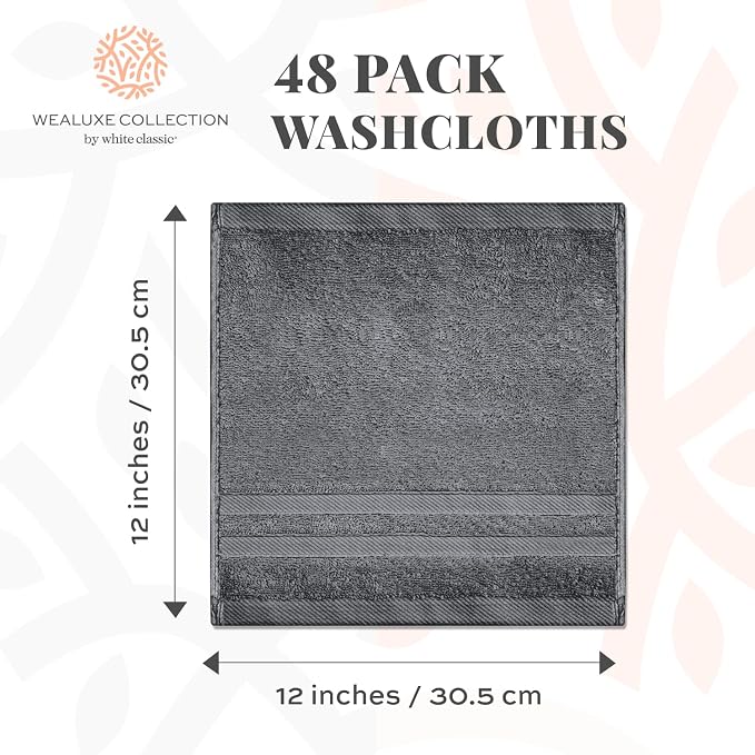 White Classic Wealuxe Dark Gray Washcloths 48 Pack - 600 GSM 100% Ring-Spun Cotton Wash Cloths for Showering, Highly Absorbent and Soft | 12x12 Inches