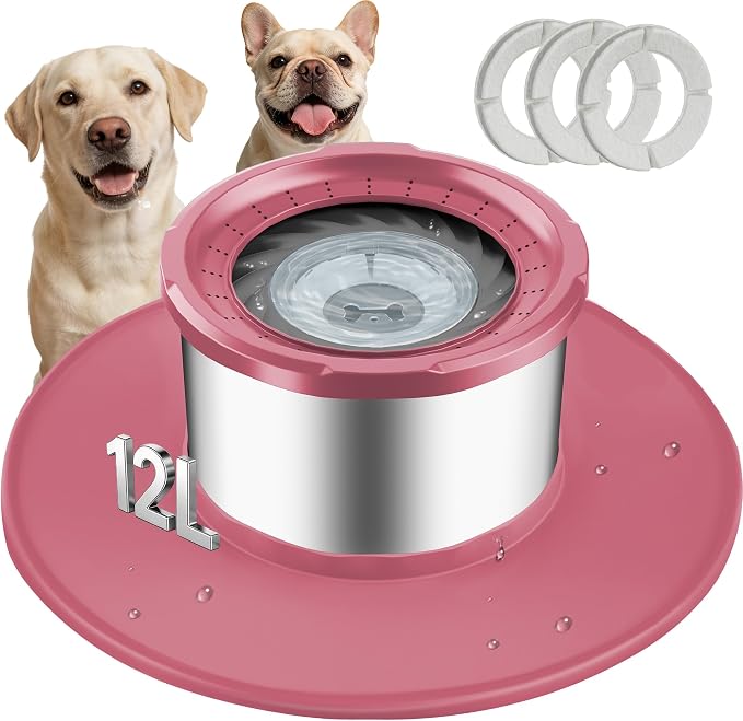 Decflow 12L No Spill Dog Water Bowl for Large Dogs, Stainless Steel Spill Proof Bowls with Suction Cup Anti-Skid Mat, Slow Feeder for Messy Drinkers, Heavy Duty Pet Bowls for Indoor/Outdoor Pink