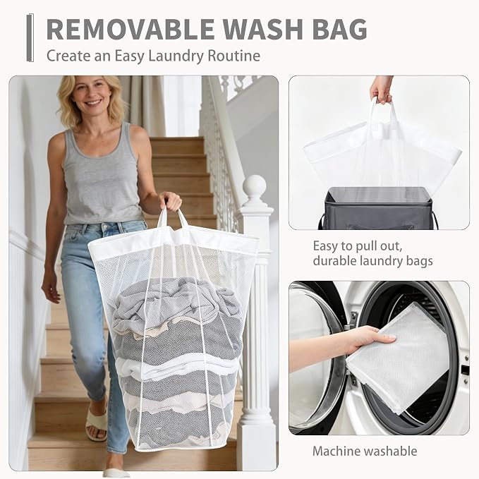 CHICVITA 100L Rolling Laundry Basket with Wheels, Large Collapsible Laundry Hamper with Removable Wash Bag Space for Corner Dorms, Grey