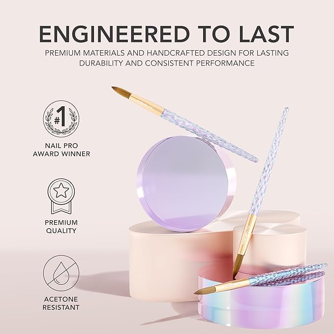 Kiara Sky Kolinsky Acrylic Nail Brush #12 – Pure Kolinsky Sable Hair, Iridescent Crystal Handle, Acetone Resistant, for Acrylic Application, Extensions & 3D Nail Art