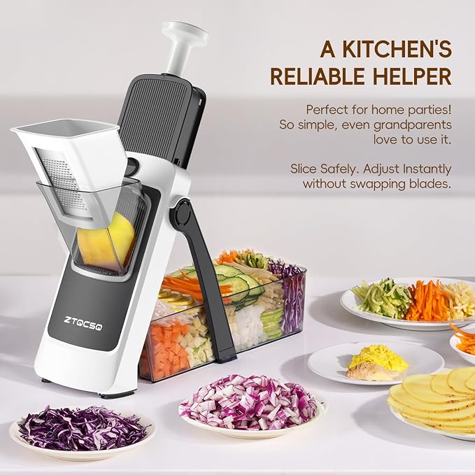 Vegetable Slicer for Kitchen, Safe Mandoline Slicer, Adjustable Veggie Potato French Fry Cutter, Wider Tray & Stainless Steel Grater & Filter Basket & Lid & Cleaning Brush (Gray Pro)