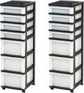 IRIS USA 2 Pack 7-Drawer Plastic Storage Rolling Organizer Cart with Caster Wheels for Laundry Room, Bathroom, or Closet Dresser Storage, Black/Clear