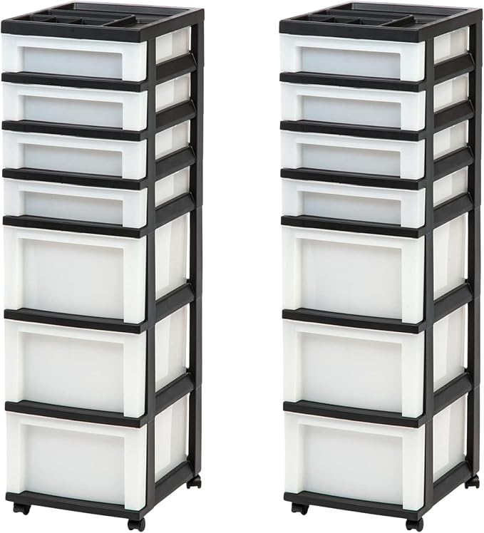 IRIS USA 2 Pack 7-Drawer Plastic Storage Rolling Organizer Cart with Caster Wheels for Laundry Room, Bathroom, or Closet Dresser Storage, Black/Clear