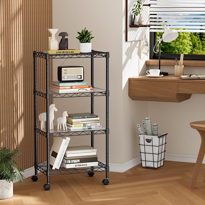 Golpart Small 4 Tier Shelves Storage Wire Shelving Unit Metal Shelf Adjustable Organizers Storage Shelving with Wheels for Bathroom Laundry Room Kitchen Pantry11.7”D x 17.7”W x 44.8”H Black