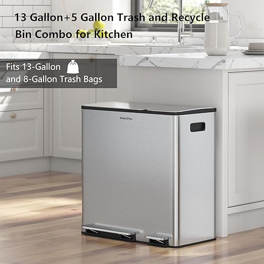 Dual Trash and Recycling Bins for Kitchen, 13+5.3 Gallon Stainless Steel Garbage and Recycle Bin Combo for Large Families, Soft Close Lid, Removable Liner Buckets, Silver