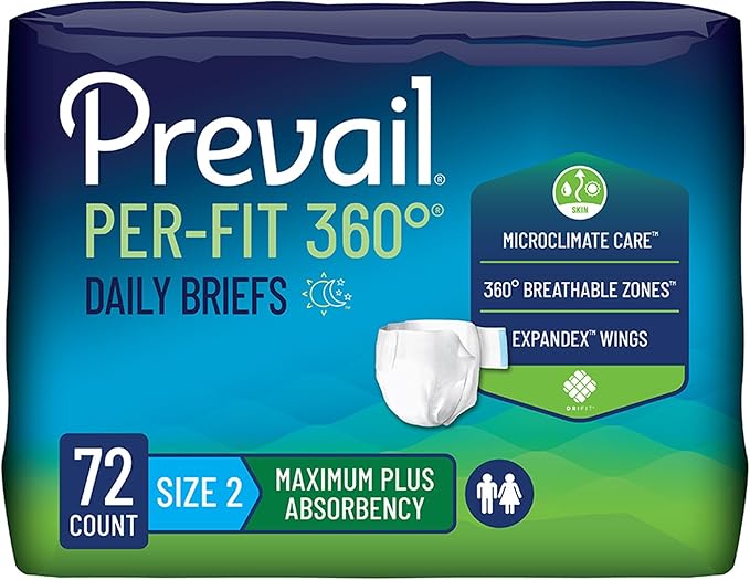 Prevail Per-Fit 360 Daily Incontinence Briefs, Unisex Adult Incontinence Briefs with Tabs, Maximum Plus Absorbency, Size 2, 72 Count (4 Packs of 18)