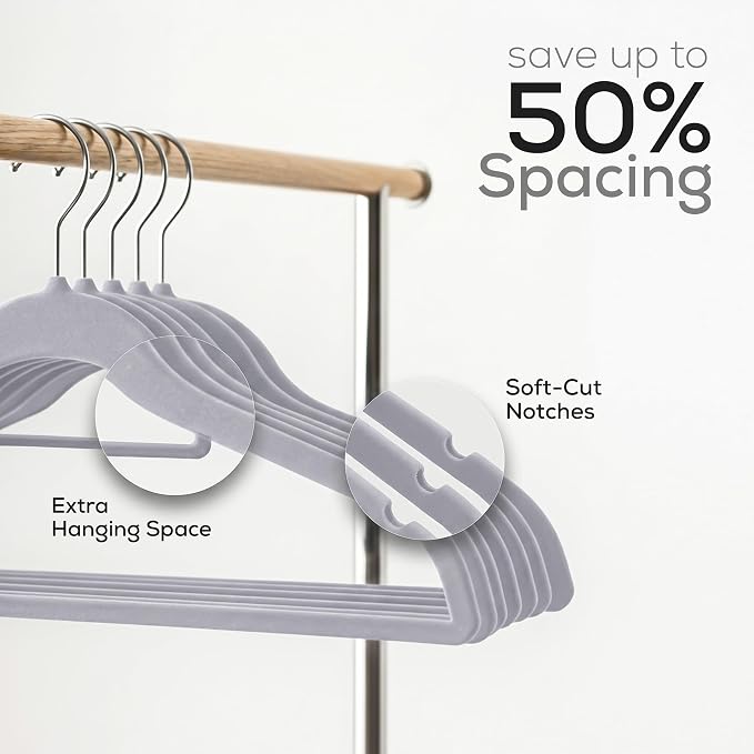 Utopia Home Velvet Hangers 50 Pack – Premium Hangers with Tie Bar - Grey | Non-Slip Slim Clothes & Coat Hangers with Tie Bar, Space-Saving Heavy Duty Design, 360° Swivel Hook