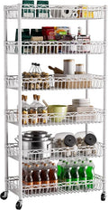 Golpart Basket Shelves Closet Rack with Wheels Metal Pantry Wire Shelf Unit | 6 tier Storage Rolling Shelving Bathroom Organizers Kitchen Garage Laundry Room Organization Home 30"Dx13.6"Wx65"H White