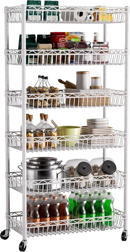 Golpart Basket Shelves Closet Rack with Wheels Metal Pantry Wire Shelf Unit | 6 tier Storage Rolling Shelving Bathroom Organizers Kitchen Garage Laundry Room Organization Home 30"Dx13.6"Wx65"H White