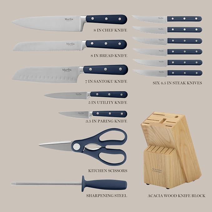 MARTHA STEWART Eastwalk 14 Piece High Carbon Staineless Steel Cutlery Set w/ABS Triple Riveted Forged Handle Acacia Wood Block - Navy Blue