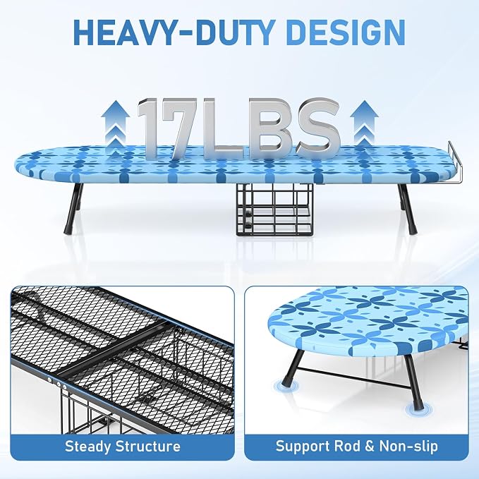 Small Ironing Board Tabletop with Iron Holder, Foldable Mini Iron Board with Iron Rest, Hook for Wall/Door Hanging, Dirt & Heat Resistant Cover, Portable for Home Apartment Travel Laundry Room Sewing