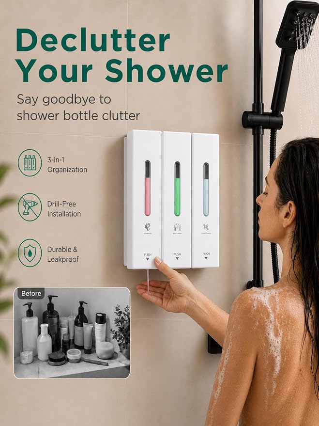 Shampoo and Conditioner Dispenser Wall Mounted, 3-Chamber Shower Soap Dispenser for Bathroom, 1200ML Large Capacity, No-Drill Installation, Clog-Free Pump for Thick Liquids (white-3-pack)