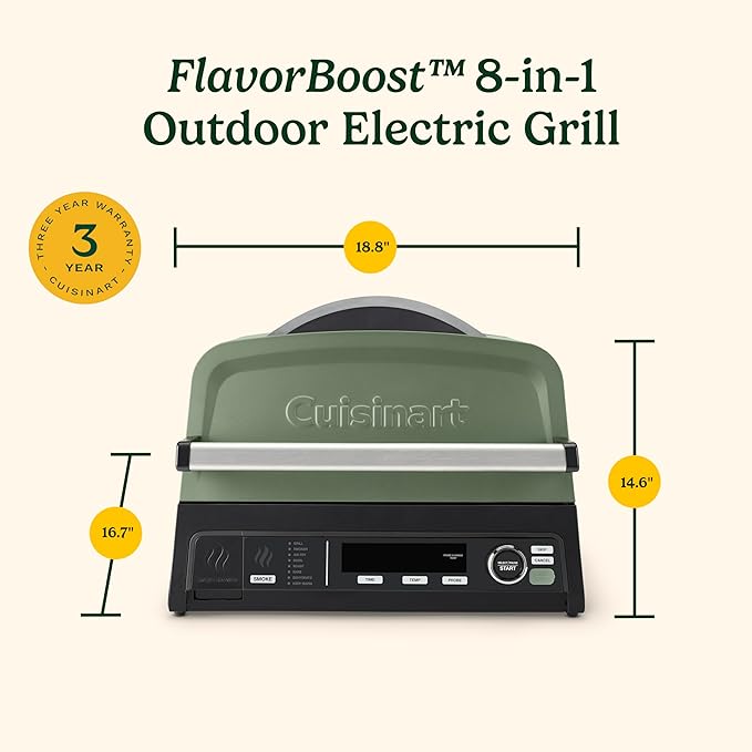 Cuisinart Outdoor Electric Grill, 8-in-1 Air Fryer/Grill/Smoker, 154 sq in | CEG-1302, Cuisinart FlavorBoost 8-in-1 outdoor electric grill, 1800W small electric grill with air fryer & wood-pellet drawer
