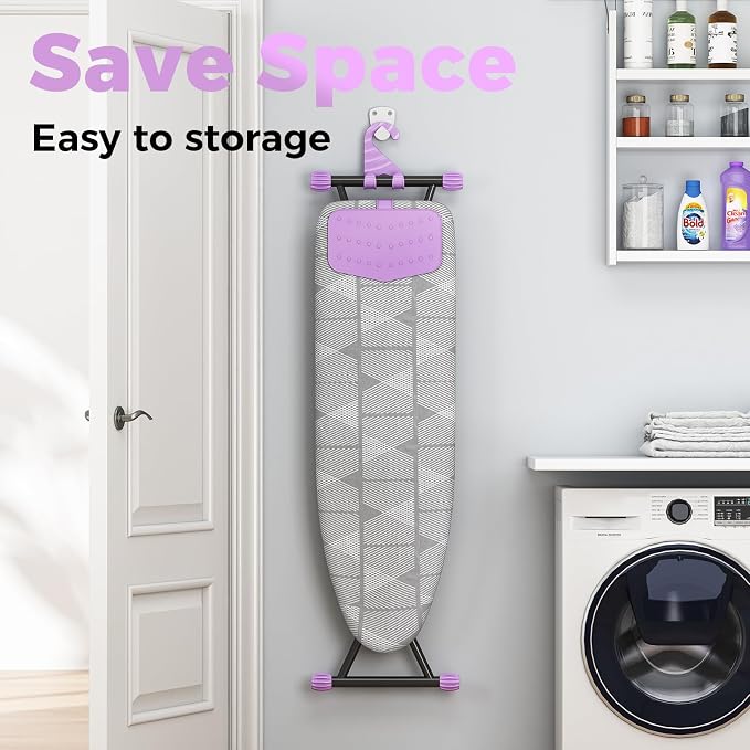KINGBOARD Ironing Board, Compact Iron Board with Silicon Iron Mat, Heat Resistant Cover, 7 Height Adjustable, Foldable Ironing Board Wall Mount Hanger, 13x43 Grey