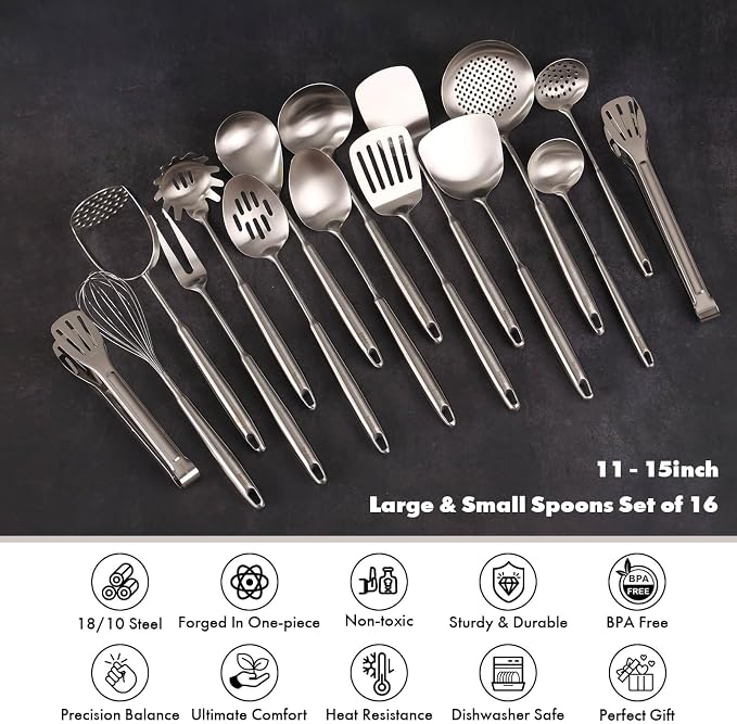 18/10 Stainless Steel Cooking Utensils Set - 16 PCS All Metal Utensils | Kitchen Tools - Whisk, Masher, Fork, Tong, Solid Slotted Spoon, Spatula, Turner, Ladle, Skimmer, Pasta, Small Large Spoon Set
