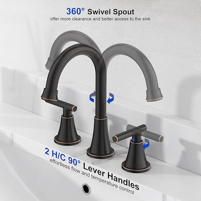 Bathroom Faucets for Sink 3 Hole, Hurran Oil Rubbed Bronze Bathroom Sink Faucet with Pop-up Drain and Supply Lines, Stainless Steel Lead-Free Widespread Faucet for Vanity RV Farmhouse