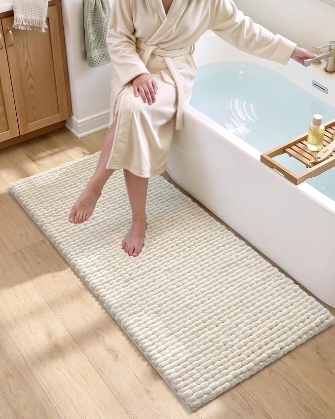 DEXI Bathroom Runner Rugs 60x24, Non Slip Washable Long Bath Mat, Luxury Chenille Super Absorbent Ultra Thick Bathmats for Shower Floor, Plush Fluffy Shaggy Carpet for Tub, Cream