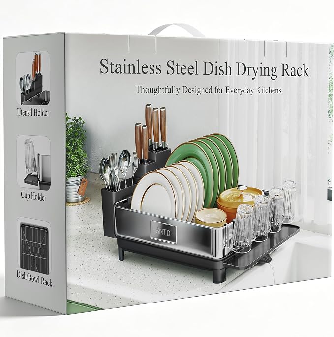 SNTD 304 Stainless Steel Dish Drying Rack for Small Kitchen Counter, Black | Rustproof, Large Capacity, Heavy-Duty Frame, Rotating Spout, Angled Drainboard, Removable Cup & Utensil Holder