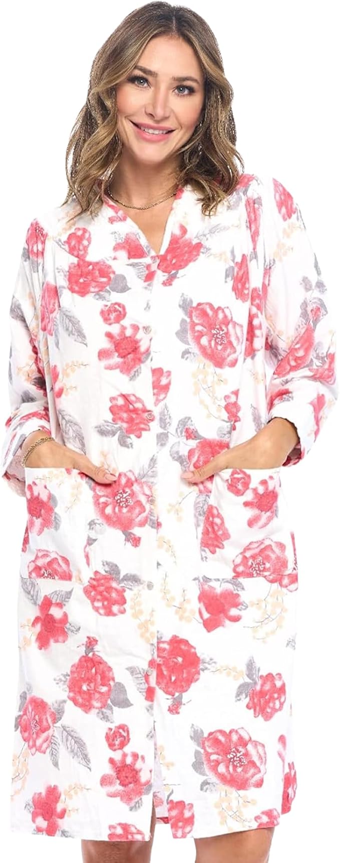 Casual Nights Women's Floral Snap Front Flannel Duster Long Sleeve Lounger Dress