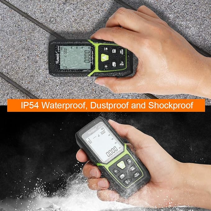 Huepar Laser Distance Meter 393Ft with Li-ion Battery & Electric Angle Sensor, Backlit LCD Laser Measure M/in/Ft with High Accuracy Multi-Measurement Modes, Pythagorean, Distance, Area&Volume