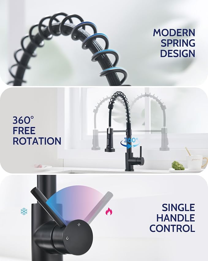 LUFEIDRA Black Kitchen Faucet with Pull Down Sprayer, High Arc Spring 304 Stainless Steel Single Handle 1 or 3 Hole 2 Mode Kitchen Faucets for Farmhouse RV Camper Laundry Wet Bar Pot Filler Faucets