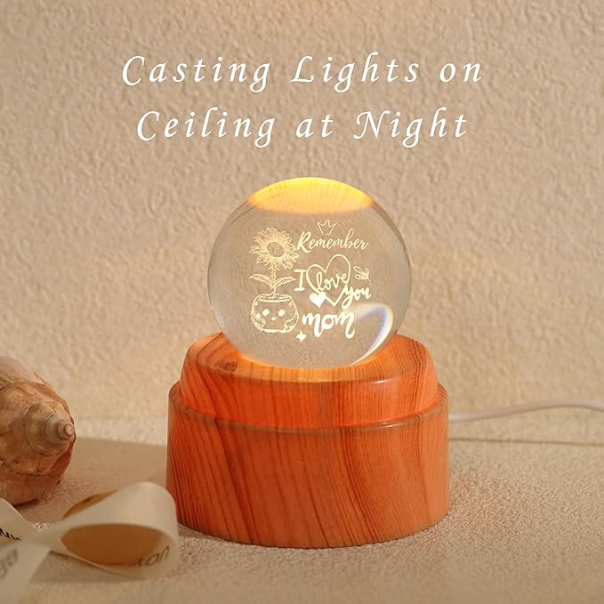 ZHSHWAT Gifts for Mom-Engraved Crystal Ball Night Light with Faux Wood Rotating Base - I Love You Mom Sunflower Design, USB-Powered Decor, Christmas Birthday Gifts for Mother from Daughter Son