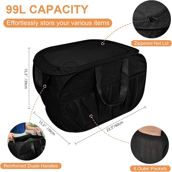 Collapsible Laundry Baskets with Lid, Foldable Laundry Basket with Pockets, Pop Up Laundry Hamper with Dual Handles, 99L Sturdy Clothes Hampers for Clothes, Groceries, Supplies, Tools, Black