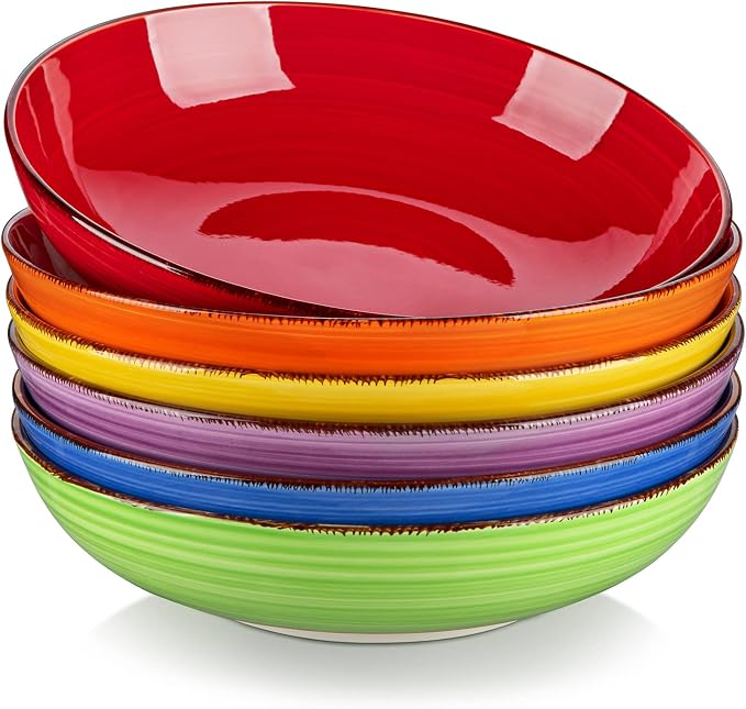 vancasso Bonita Pasta Bowls Set of 6, 38 oz Shallow Ceramic Bowls for Pasta, Salad, Soup & More - Microwave, Dishwasher & Oven Safe - Assorted Colors